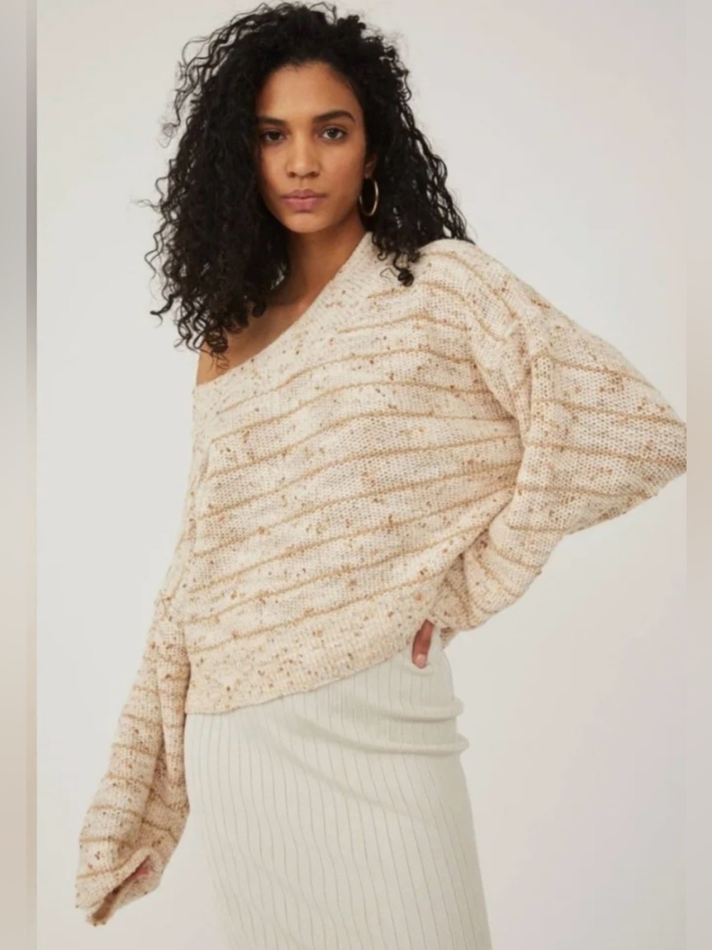 Free People Starlight Oversized Pullover Striped Knit Sweater in Cream and Tan